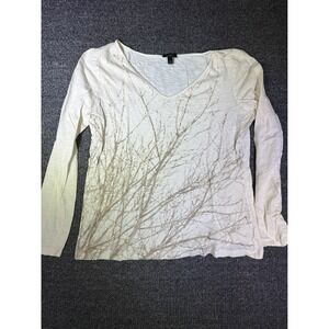 Talbots Womens Medium Ivory Gold Metallic Tree Branch Slub Knit V-Neck Tee L/S